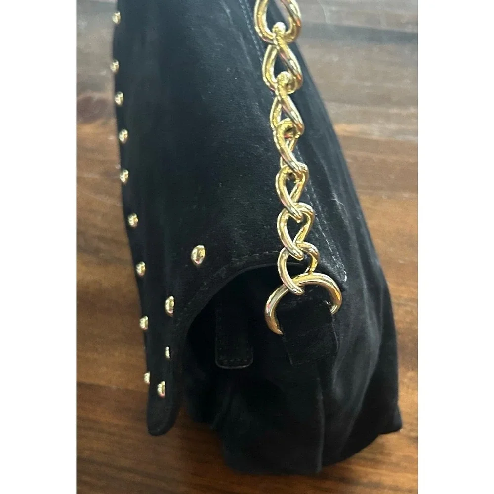Talbots Suede Shoulder Bag Womens Small Black Studded‎ Gold Chain Strap Purse